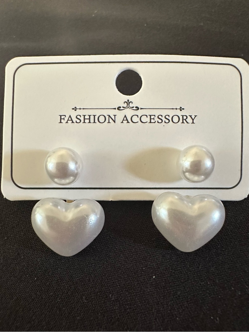 White Pearl Heart and Round Stud Dangle Earrings (New)